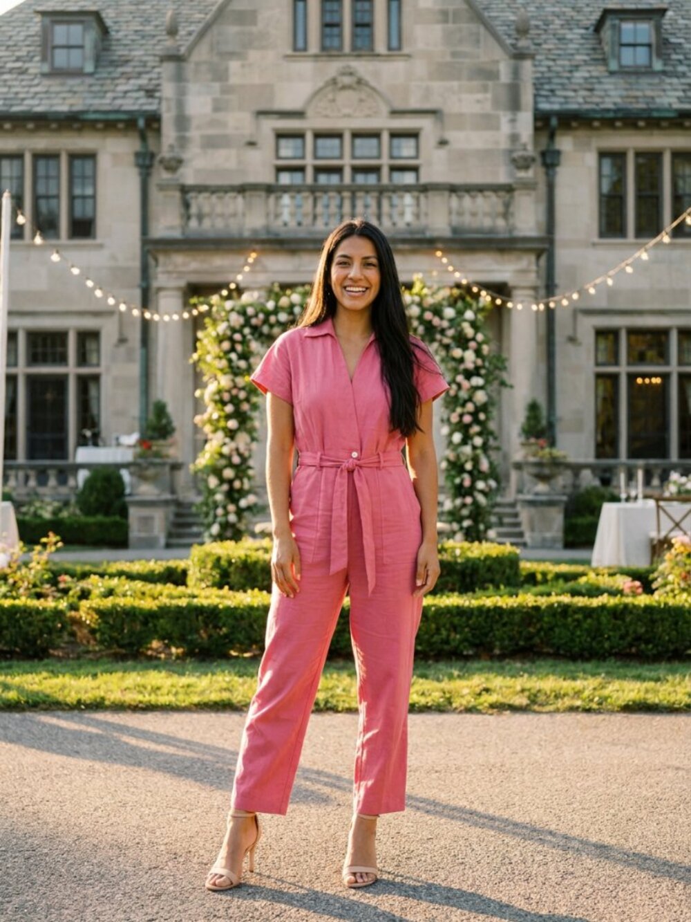 NWT Cap Sleeve Pink Jumpsuit with Belt. Button waist.